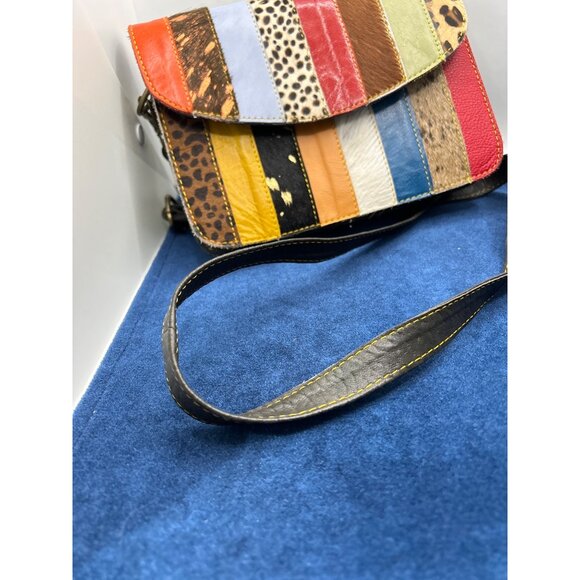 Patchwork Leather Crossbody Bag - Multicolor Stripes Adjustable Strap Animal Pri - Picture 2 of 16